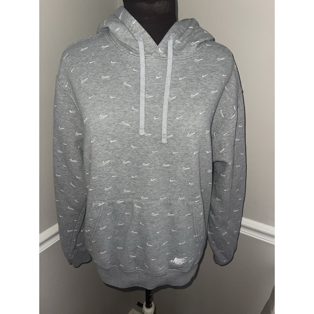Nike Sportswear Club Fleece All over Mini Swoosh Print Hoodie Gray White Men's M